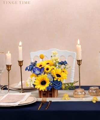 Product: TINGE TIME Wedding Centerpiece Flower with Basket, Set of 2 Large Artificial Flowers Floral Arrangement for Tabletop Mantel Archway Aisle (Sunflower & RoyalBlue)