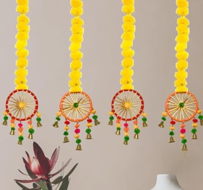 Product: MANTRAMART Artificial Marigold Flower Garlands with Pom Pom and Bell – Pack of 4 – Hanging Floral Decoration for Home, Festival, Diwali, Wedding, Pooja & Event Use