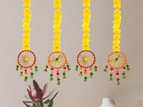 Product: MANTRAMART Artificial Marigold Flower Garlands with Pom Pom and Bell – Pack of 4 – Hanging Floral Decoration for Home, Festival, Diwali, Wedding, Pooja & Event Use