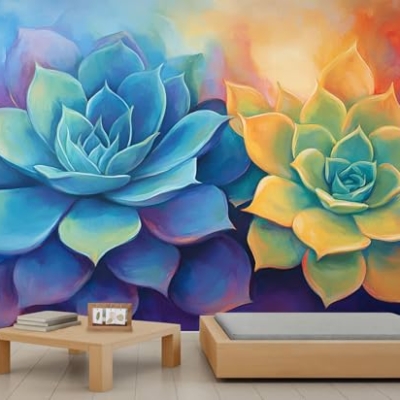 Product: Lotus Mural Colorful Flowers Wallpaper Vintage Style Large Wallpaper Wall Mural for Bedroom Home Decor Living Room Dining Room Office 138" W x 100" H