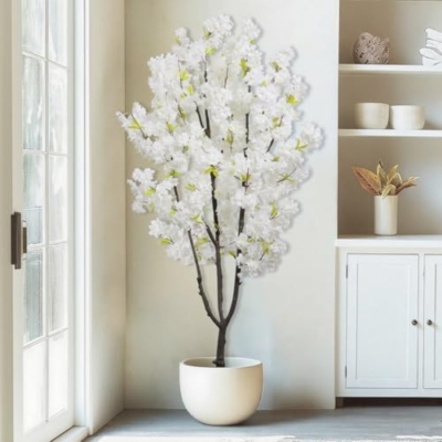 Product: White Faux Cherry Blossom Tree Artificial Tree Decor 5.9 FT Tall Cherry Blossom Tree Indoor for Home Decor Gift for Women Birthday Wedding Decoration