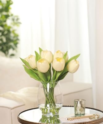Product: WELL KNOWN 12 Pcs Tulips Artificial Flowers in Vase, Real Touch Tulips with Vase with Upgrate Acrylic Water Flower Arrangements Centerpiece for Dining Room Table Decoration（Cream）