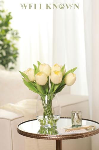 Product: WELL KNOWN 12 Pcs Tulips Artificial Flowers in Vase, Real Touch Tulips with Vase with Upgrate Acrylic Water Flower Arrangements Centerpiece for Dining Room Table Decoration（Cream）