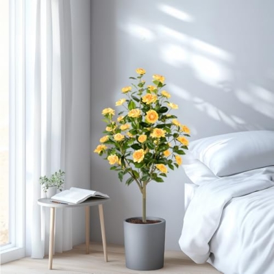Product: Hylmiip Artificial Camellia Tree 2 Pack, Artificial Plants Outdoor Faux Floral Plant in Cement Pot Fake Silk Camellia Tree Plants for Home House Living Room Office Decor (Yellow, 4 FT)