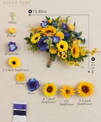 Product: TINGE TIME 13 InchWedding Bouquets for Bride,Bridal Bouquet for Bride, Artificial Silk Sunflowers for Graduation Bouquet, Fake Flowers for Wedding Ceremony and Anniversary (Sunflower&RoyalBlue)