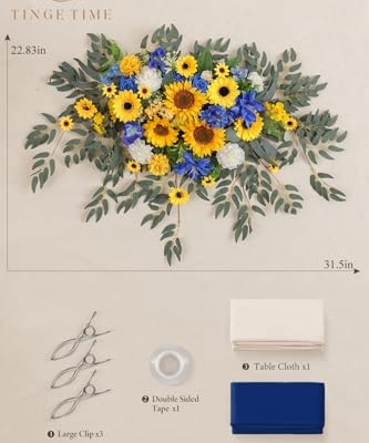Product: TINGE TIME Artificial Sweetheart Flower Swag with Tablecloth and Table Runner, Pack of 3 Floral Arrangement for Wedding Sweetheart Table Centerpiece Decoration Valentine's Day (Sunflower&RoyalBlue)