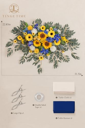 Product: TINGE TIME Artificial Sweetheart Flower Swag with Tablecloth and Table Runner, Pack of 3 Floral Arrangement for Wedding Sweetheart Table Centerpiece Decoration Valentine's Day (Sunflower&RoyalBlue)