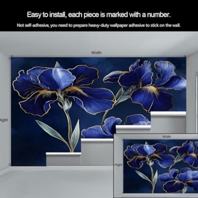 Product: Blue Iris Wall Mural Gold Trimmed Floral Mural Luxury Floral Wallpaper Vintage Dark Flower Murals Modern Themed Wall Art for Living Room Bedroom Kitchen 169.3" x 118.2"