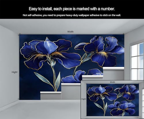 Product: Blue Iris Wall Mural Gold Trimmed Floral Mural Luxury Floral Wallpaper Vintage Dark Flower Murals Modern Themed Wall Art for Living Room Bedroom Kitchen 169.3" x 118.2"