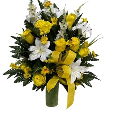 Product: Jucgghk Vivid and Realistic Floral Art Cemetery Flowers Arrangement,Yellow White Graveside Flowers for Cemetery Headstones Decoration