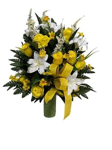 Jucgghk Vivid and Realistic Floral Art Cemetery Flowers Arrangement,Yellow White Graveside Flowers for Cemetery Headstones Decoration - Artificial Flower Arrangements Product: Jucgghk Vivid and Realistic Floral Art Cemetery Flowers Arrangement,Yellow White Graveside Flowers for Cemetery Headstones Decoration
