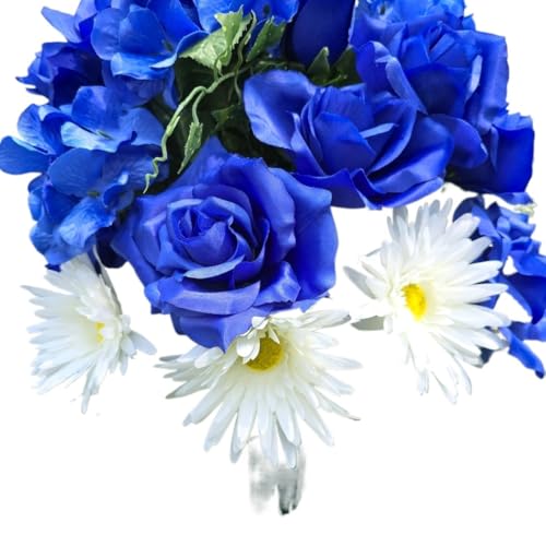 Product: Blue Roses Headstone Saddle and Cemetery Cone, White Gerbera Daisies Hydrangeas Cemetery Cone for Cemetery Decoration Garland for Table Centerpiece Holiday Party Weddi