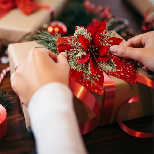 Product: SPORTYOUTH 3ft x 50ft Fence Privacy Screen Black and 30 Pcs Red Gold Poinsettia Artificial Christmas Flowers with Clips Stems