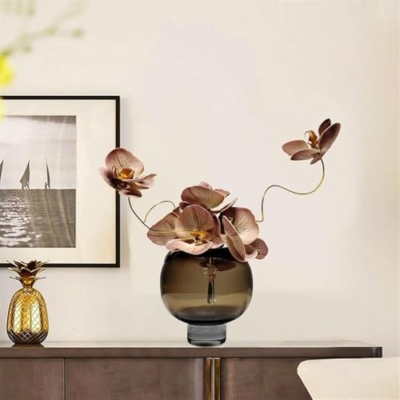 Product: Light Luxury Artificial Butterfly Orchid Arrangement with Fake Curry Glass Vase – Plastic Faux Flower Decor for Living Room, Dining Table & Coffee Table