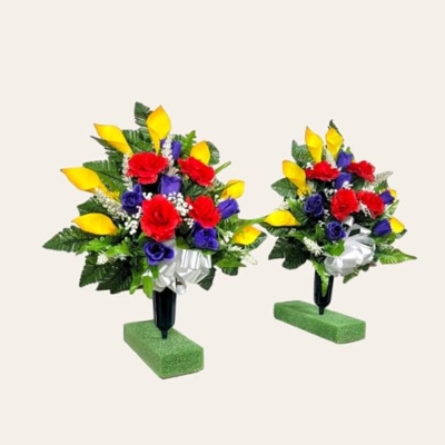 Product: Red Yellow Headstone Saddle and Cemetery Cone Set, Purple Calla Lilies and Roses Multicolored Silk Grave Flowers for Commemorating Cemetery Garland for Table Centerpiece Holiday Party Weddi