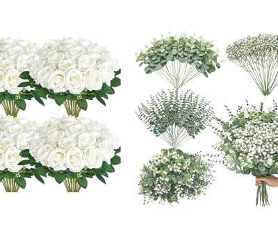 Product: Serwalin 100 Pcs Mixed Artificial Eucalyptus Stems & 60 PCS White Roses Artificial Flowers
