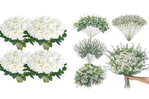 Serwalin 100 Pcs Mixed Artificial Eucalyptus Stems & 60 PCS White Roses Artificial Flowers - Artificial Flower Arrangements Product: Serwalin 100 Pcs Mixed Artificial Eucalyptus Stems & 60 PCS White Roses Artificial Flowers