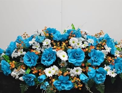 Product: Jucgghk Vivid and Realistic Floral Art 36”Blue Artificial Saddle Flowers, Beautiful Artificial Spring Saddle Flowers for Cemetery Grave Tombstone Decorations