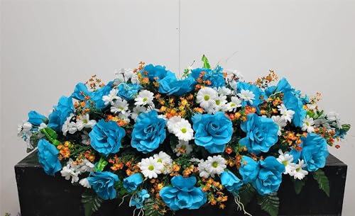 Product: Jucgghk Vivid and Realistic Floral Art 36”Blue Artificial Saddle Flowers, Beautiful Artificial Spring Saddle Flowers for Cemetery Grave Tombstone Decorations