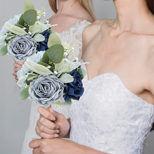 Silky Flower Store Dusty Blue Artificial Rose Wedding Bouquet Set, Bridal Bridesmaid Bouquets, Wedding Decoration, 32.5cm 6 6 Product: Bride Bouquets and Bridesmaid Bouquets Set of 2 for Wedding Dusty Blue Artificial Roses Flowers Bouquets for Bride Bridesmaids Marriage Proposal Party Anniversary Church Decoration