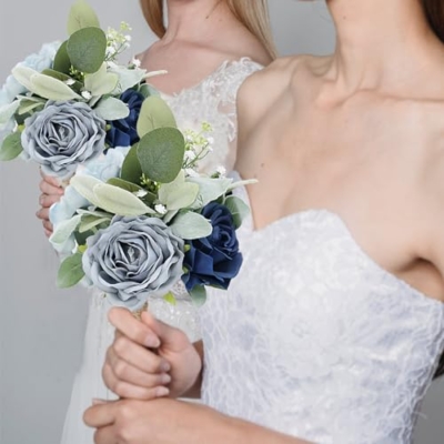 Product: Bride Bouquets and Bridesmaid Bouquets Set of 6 for Wedding Dusty Blue Artificial Roses Flowers Bouquets for Bride Bridesmaids Marriage Proposal Party Anniversary Church Decoration