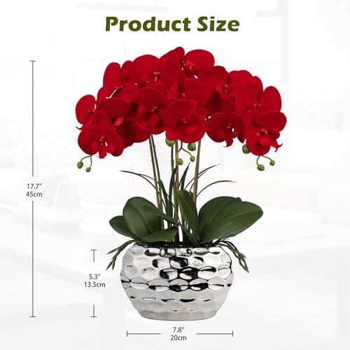 Product: Briful Red Orchid Artificial Flowers 18" Large Silk Orchid with Silver Ceramic Pots Fake Orchid Arrangement for Home Office Bathroom Living Room Table Decoration