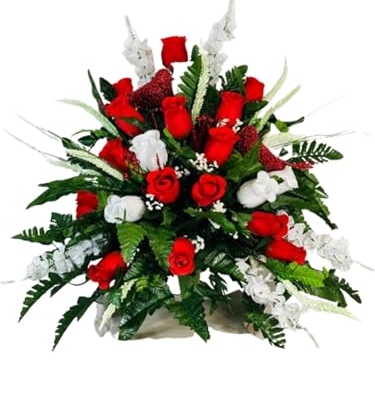 Product: Jucgghk Vivid and Realistic Floral Art 24" Handmade Cone Vase Red and White Roses with Birds, Valentine Vase Arrangement for Cemetery Headstones Gravesites