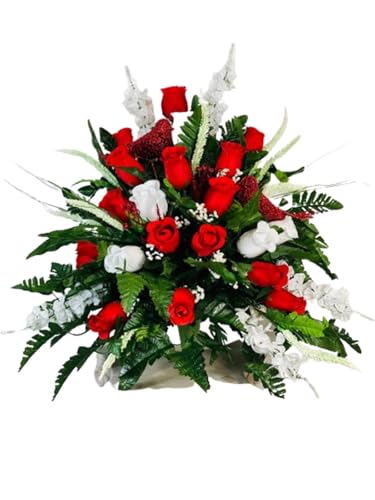 Product: Jucgghk Vivid and Realistic Floral Art 24" Handmade Cone Vase Red and White Roses with Birds, Valentine Vase Arrangement for Cemetery Headstones Gravesites