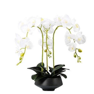 Product: WCHCWR 3 Heads White Artificial Orchid Flowers with Black Vase Set Faked Silk Flower Plant Artificial White Phalaenopsis for Home Decor, 21.7" H Table Centerpiece Office Wedding Party Decoration