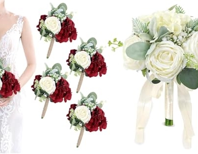 Product: A Brilliant Bridal Bouquet and 4 Bouquets of Bridesmaid Bouquets, Artificial Flowers, Suitable for Bridal Bridesmaid Proposal Parties and Church Decoration