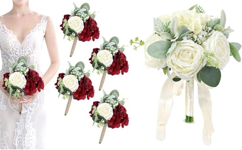 Product: A Brilliant Bridal Bouquet and 4 Bouquets of Bridesmaid Bouquets, Artificial Flowers, Suitable for Bridal Bridesmaid Proposal Parties and Church Decoration
