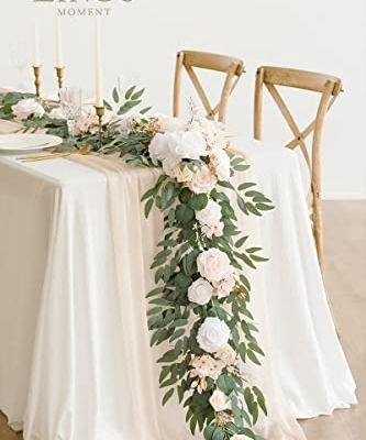 Product: Ling's Moment Flower Garland - 6FT Eucalyptus & Rose - Sweetheart Table Decor for Wedding Reception, Artificial Silk Floral Garland for Mantle, Spring, Garden Christmas Decoration, White Beige