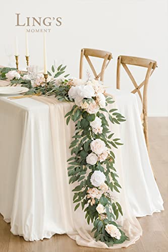 Product: Ling's Moment Flower Garland - 6FT Eucalyptus & Rose - Sweetheart Table Decor for Wedding Reception, Artificial Silk Floral Garland for Mantle, Spring, Garden Christmas Decoration, White Beige