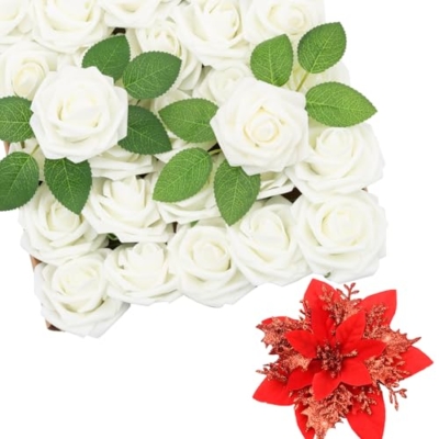 Product: SPORTYOUTH 100 Pcs Artificial Roses Ivory White and 30 Pcs Red Glitter Poinsettia Artificial Christmas Flowers with Clip Stems