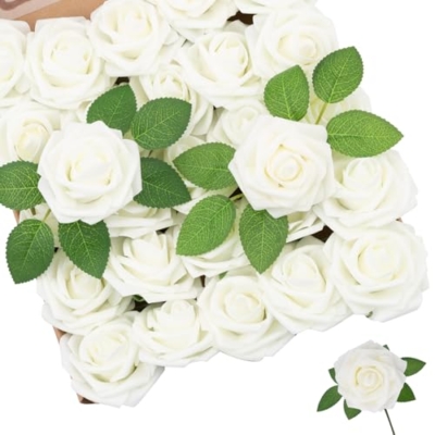 Product: SPORTYOUTH 100 Pcs Artificial Roses Ivory White and 30 Pcs Red Glitter Poinsettia Artificial Christmas Flowers with Clip Stems
