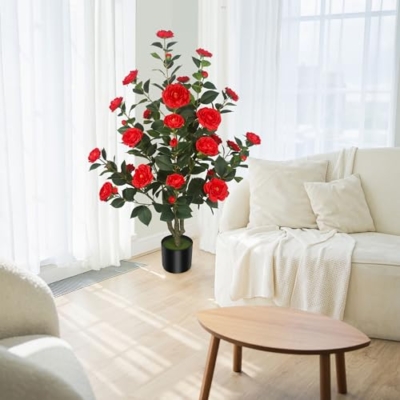 Silky Flower Store Artificial Camellia Tree, 2Pack Red Flowers, Cement Pots, 39.37in 12 12 Product: HanJoy 2Pack 39.37" Artificial Camellia Trees with 32 Red Flowers in Cement Pots – Lifelike Fake Trees for Front Porch, Home, Indoor Outdoor Spring Decor, Office or Housewarming Gifts