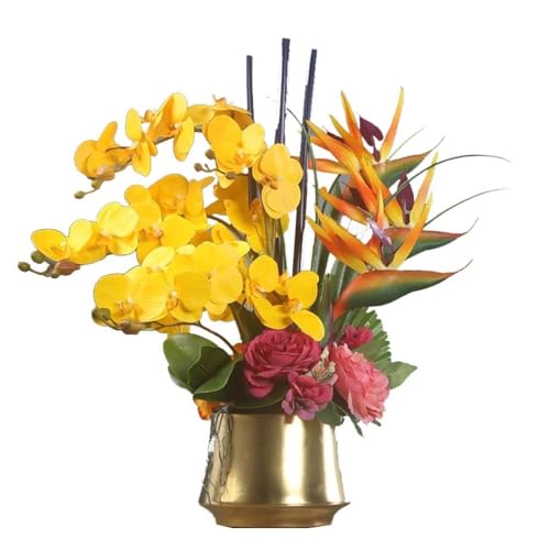 Silky Flower Store Artificial Orchid Flower Arrangement, Real Touch Latex Geel Flowers, Gold Ceramic Vase, 55cm 1 1 Product: Artificial Orchid Flower Arrangement with Vase – Real Touch Latex Geel Flowers in Gold Ceramic Pot, 55cm
