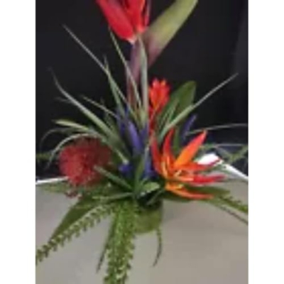 Product: Medium Bird of Paradise On Disc Tropical Table Centerpiece Red Artificial Flowers