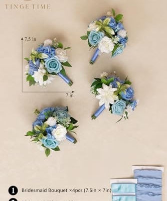 Product: TINGE TIME 7 Inch Artificial Flowers Wedding Bouquets for Bridesmaid, Set of 4, Provence Blue Bride Tossing Bouquet for Summer Wedding Ceremony Bridal Shower Rehearsal Dinner Vintage Party