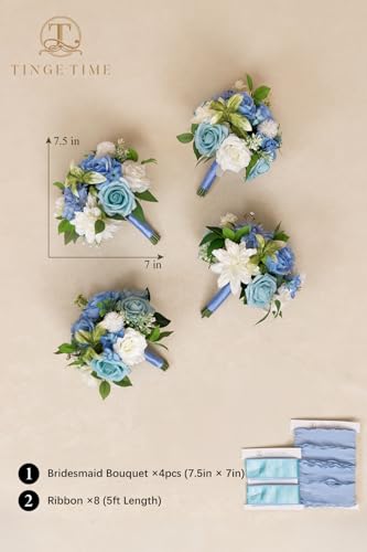 Product: TINGE TIME 7 Inch Artificial Flowers Wedding Bouquets for Bridesmaid, Set of 4, Provence Blue Bride Tossing Bouquet for Summer Wedding Ceremony Bridal Shower Rehearsal Dinner Vintage Party