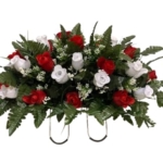 Product: Jucgghk Vivid and Realistic Floral Art Red and White Roses Cemetery Saddle,Winter Cemetery Arrangement,Valentines Day Cemetery Headstone Saddle for Grave