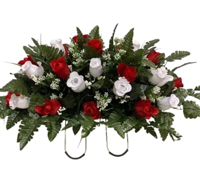 Product: Jucgghk Vivid and Realistic Floral Art Red and White Roses Cemetery Saddle,Winter Cemetery Arrangement,Valentines Day Cemetery Headstone Saddle for Grave