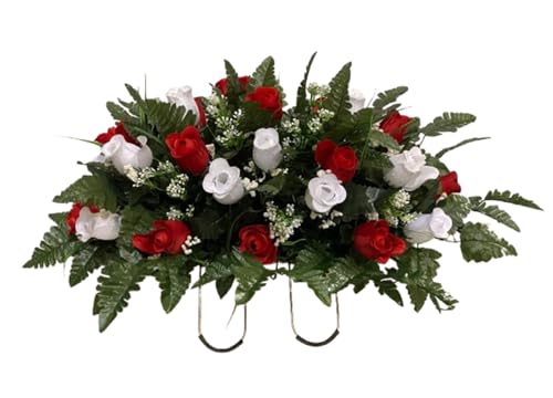 Product: Jucgghk Vivid and Realistic Floral Art Red and White Roses Cemetery Saddle,Winter Cemetery Arrangement,Valentines Day Cemetery Headstone Saddle for Grave