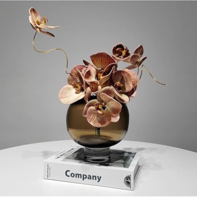 Product: Light Luxury Artificial Butterfly Orchid Arrangement with Fake Curry Glass Vase – Plastic Faux Flower Decor for Living Room, Dining Table & Coffee Table
