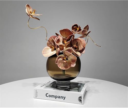 Product: Light Luxury Artificial Butterfly Orchid Arrangement with Fake Curry Glass Vase – Plastic Faux Flower Decor for Living Room, Dining Table & Coffee Table