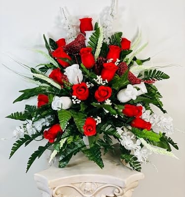 Product: Jucgghk Vivid and Realistic Floral Art 24" Handmade Cone Vase Red and White Roses with Birds, Valentine Vase Arrangement for Cemetery Headstones Gravesites