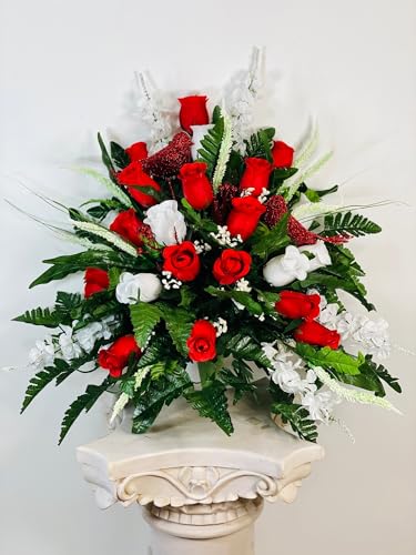 Product: Jucgghk Vivid and Realistic Floral Art 24" Handmade Cone Vase Red and White Roses with Birds, Valentine Vase Arrangement for Cemetery Headstones Gravesites