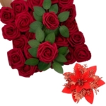 Product: SPORTYOUTH 100 Pcs Artificial Roses Red and 30 Pcs Glitter Poinsettia Artificial Christmas Flowers Red with Clips