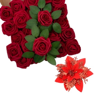 Product: SPORTYOUTH 100 Pcs Artificial Roses Red and 30 Pcs Glitter Poinsettia Artificial Christmas Flowers Red with Clips