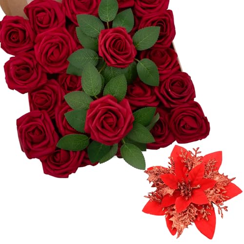 Product: SPORTYOUTH 100 Pcs Artificial Roses Red and 30 Pcs Glitter Poinsettia Artificial Christmas Flowers Red with Clips